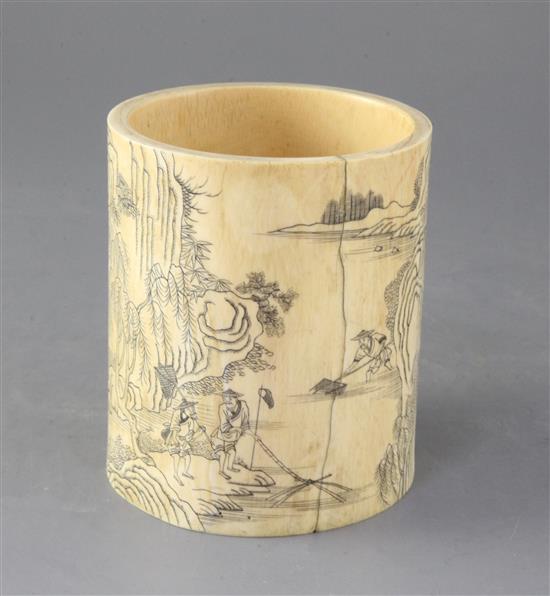 A Chinese ivory brush pot, 18th/19th century, 13.4cm high, repairs